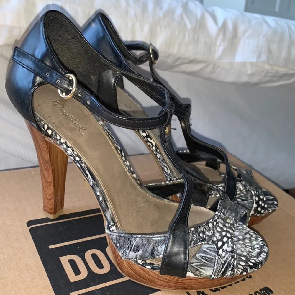 black animal print & wood heels